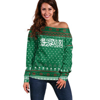 Saudi Arabia Christmas Off Shoulder Sweater with Green Pattern, Traditional Script Motif, and Camel Caravan Silhouette - Wonder Print Shop