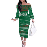 Saudi Arabia Christmas Off The Shoulder Long Sleeve Dress with Green Pattern, Traditional Script Motif, and Camel Caravan Silhouette - Wonder Print Shop