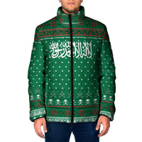 Saudi Arabia Christmas Padded Jacket with Green Pattern, Traditional Script Motif, and Camel Caravan Silhouette - Wonder Print Shop