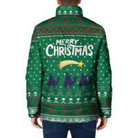Saudi Arabia Christmas Padded Jacket with Green Pattern, Traditional Script Motif, and Camel Caravan Silhouette - Wonder Print Shop