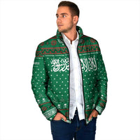 Saudi Arabia Christmas Padded Jacket with Green Pattern, Traditional Script Motif, and Camel Caravan Silhouette - Wonder Print Shop