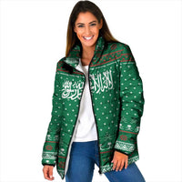 Saudi Arabia Christmas Padded Jacket with Green Pattern, Traditional Script Motif, and Camel Caravan Silhouette - Wonder Print Shop