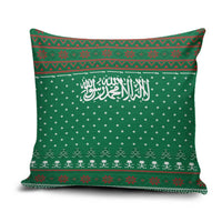 Saudi Arabia Christmas Pillow Cover with Green Pattern, Traditional Script Motif, and Camel Caravan Silhouette - Wonder Print Shop