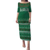 Saudi Arabia Christmas Puletasi with Green Pattern, Traditional Script Motif, and Camel Caravan Silhouette - Wonder Print Shop