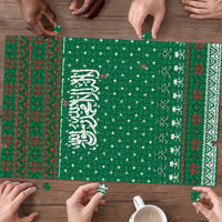Saudi Arabia Christmas Puzzle with Green Pattern, Traditional Script Motif, and Camel Caravan Silhouette - Wonder Print Shop