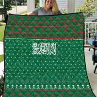 Saudi Arabia Christmas Quilt with Green Pattern, Traditional Script Motif, and Camel Caravan Silhouette - Wonder Print Shop