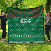 Saudi Arabia Christmas Quilt with Green Pattern, Traditional Script Motif, and Camel Caravan Silhouette - Wonder Print Shop