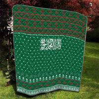 Saudi Arabia Christmas Quilt with Green Pattern, Traditional Script Motif, and Camel Caravan Silhouette - Wonder Print Shop