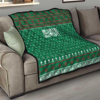 Saudi Arabia Christmas Quilt with Green Pattern, Traditional Script Motif, and Camel Caravan Silhouette - Wonder Print Shop