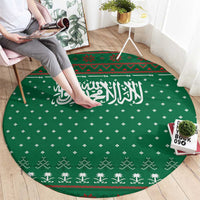 Saudi Arabia Christmas Round Carpet with Green Pattern, Traditional Script Motif, and Camel Caravan Silhouette - Wonder Print Shop