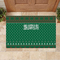 Saudi Arabia Christmas Rubber Doormat with Green Pattern, Traditional Script Motif, and Camel Caravan Silhouette - Wonder Print Shop
