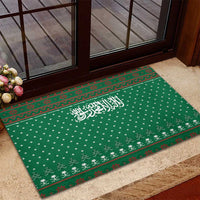 Saudi Arabia Christmas Rubber Doormat with Green Pattern, Traditional Script Motif, and Camel Caravan Silhouette - Wonder Print Shop