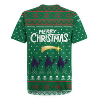 Saudi Arabia Christmas Rugby Jersey with Green Pattern, Traditional Script Motif, and Camel Caravan Silhouette - Wonder Print Shop