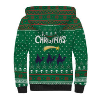 Saudi Arabia Christmas Sherpa Hoodie with Green Pattern, Traditional Script Motif, and Camel Caravan Silhouette - Wonder Print Shop