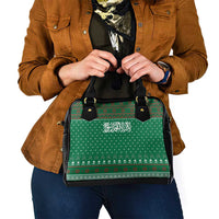Saudi Arabia Christmas Shoulder Handbag with Green Pattern, Traditional Script Motif, and Camel Caravan Silhouette - Wonder Print Shop