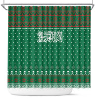 Saudi Arabia Christmas Shower Curtain with Green Pattern, Traditional Script Motif, and Camel Caravan Silhouette - Wonder Print Shop
