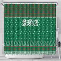 Saudi Arabia Christmas Shower Curtain with Green Pattern, Traditional Script Motif, and Camel Caravan Silhouette - Wonder Print Shop