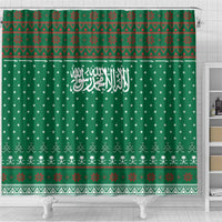 Saudi Arabia Christmas Shower Curtain with Green Pattern, Traditional Script Motif, and Camel Caravan Silhouette - Wonder Print Shop