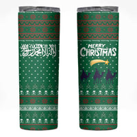 Saudi Arabia Christmas Skinny Tumbler with Green Pattern, Traditional Script Motif, and Camel Caravan Silhouette - Wonder Print Shop