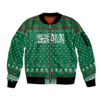 Saudi Arabia Christmas Sleeve Zip Bomber Jacket with Green Pattern, Traditional Script Motif, and Camel Caravan Silhouette - Wonder Print Shop