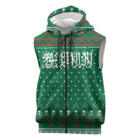 Saudi Arabia Christmas Sleeveless Zip Hoodie with Green Pattern, Traditional Script Motif, and Camel Caravan Silhouette - Wonder Print Shop