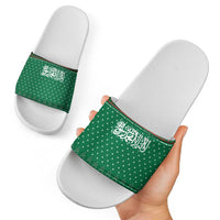 Saudi Arabia Christmas Slide Sandals with Green Pattern, Traditional Script Motif, and Camel Caravan Silhouette - Wonder Print Shop