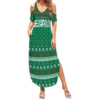 Saudi Arabia Christmas Summer Maxi Dress with Green Pattern, Traditional Script Motif, and Camel Caravan Silhouette - Wonder Print Shop