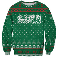 Saudi Arabia Christmas Sweatshirt with Green Pattern, Traditional Script Motif, and Camel Caravan Silhouette - Wonder Print Shop