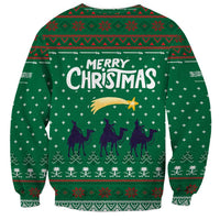 Saudi Arabia Christmas Sweatshirt with Green Pattern, Traditional Script Motif, and Camel Caravan Silhouette - Wonder Print Shop
