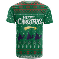 Saudi Arabia Christmas T Shirt with Green Pattern, Traditional Script Motif, and Camel Caravan Silhouette - Wonder Print Shop