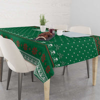 Saudi Arabia Christmas Tablecloth with Green Pattern, Traditional Script Motif, and Camel Caravan Silhouette - Wonder Print Shop