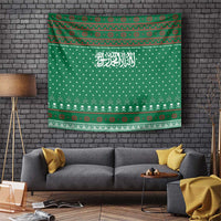 Saudi Arabia Christmas Tapestry with Green Pattern, Traditional Script Motif, and Camel Caravan Silhouette - Wonder Print Shop
