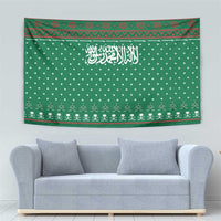 Saudi Arabia Christmas Tapestry with Green Pattern, Traditional Script Motif, and Camel Caravan Silhouette - Wonder Print Shop