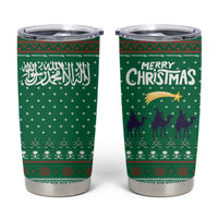 Saudi Arabia Christmas Tumbler Cup with Green Pattern, Traditional Script Motif, and Camel Caravan Silhouette - Wonder Print Shop
