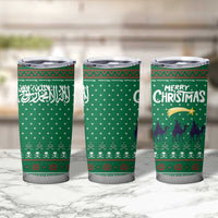 Saudi Arabia Christmas Tumbler Cup with Green Pattern, Traditional Script Motif, and Camel Caravan Silhouette - Wonder Print Shop