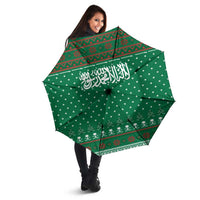Saudi Arabia Christmas Umbrella with Green Pattern, Traditional Script Motif, and Camel Caravan Silhouette - Wonder Print Shop