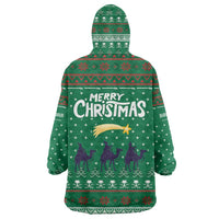 Saudi Arabia Christmas Wearable Blanket Hoodie with Green Pattern, Traditional Script Motif, and Camel Caravan Silhouette - Wonder Print Shop