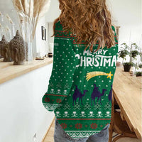 Saudi Arabia Christmas Women Casual Shirt with Green Pattern, Traditional Script Motif, and Camel Caravan Silhouette - Wonder Print Shop