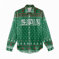 Saudi Arabia Christmas Women Casual Shirt with Green Pattern, Traditional Script Motif, and Camel Caravan Silhouette - Wonder Print Shop