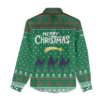 Saudi Arabia Christmas Women Casual Shirt with Green Pattern, Traditional Script Motif, and Camel Caravan Silhouette - Wonder Print Shop