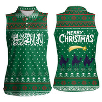 Saudi Arabia Christmas Women Sleeveless Polo Shirt with Green Pattern, Traditional Script Motif, and Camel Caravan Silhouette - Wonder Print Shop