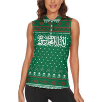 Saudi Arabia Christmas Women Sleeveless Polo Shirt with Green Pattern, Traditional Script Motif, and Camel Caravan Silhouette - Wonder Print Shop