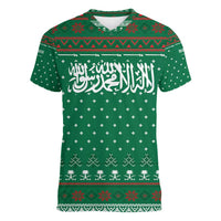 Saudi Arabia Christmas Women V-Neck T-Shirt with Green Pattern, Traditional Script Motif, and Camel Caravan Silhouette - Wonder Print Shop