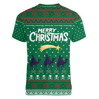 Saudi Arabia Christmas Women V-Neck T-Shirt with Green Pattern, Traditional Script Motif, and Camel Caravan Silhouette - Wonder Print Shop