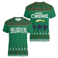 Saudi Arabia Christmas Women V-Neck T-Shirt with Green Pattern, Traditional Script Motif, and Camel Caravan Silhouette - Wonder Print Shop