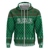 Saudi Arabia Christmas Zip Hoodie with Green Pattern, Traditional Script Motif, and Camel Caravan Silhouette - Wonder Print Shop
