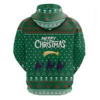 Saudi Arabia Christmas Zip Hoodie with Green Pattern, Traditional Script Motif, and Camel Caravan Silhouette - Wonder Print Shop