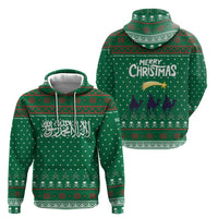 Saudi Arabia Christmas Zip Hoodie with Green Pattern, Traditional Script Motif, and Camel Caravan Silhouette - Wonder Print Shop