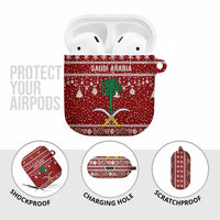 Saudi Arabia Christmas AirPods Case with Red Festive Pattern, National Emblem with Palm and Swords, and Map Motif - Wonder Print Shop