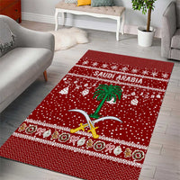 Saudi Arabia Christmas Area Rug with Red Festive Pattern, National Emblem with Palm and Swords, and Map Motif - Wonder Print Shop
